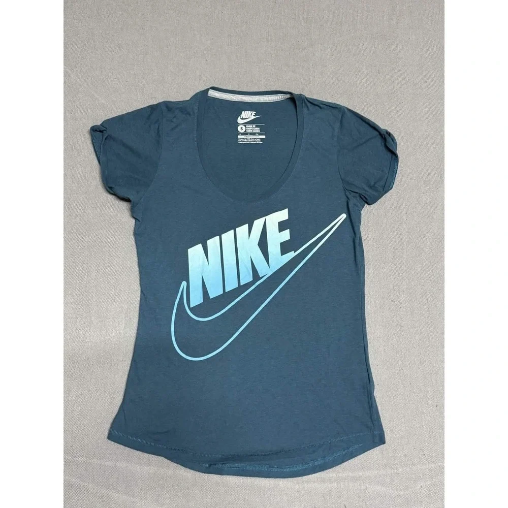 Nike Women S Small Short Sleeve Teal Loose Fit T-Shirt Swoosh Logo Graphic